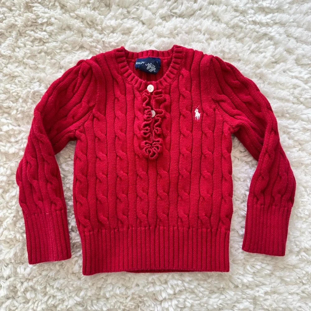Ralph Lauren Girls Cable Knit Sweater Ruffle Red size 3 / 3T